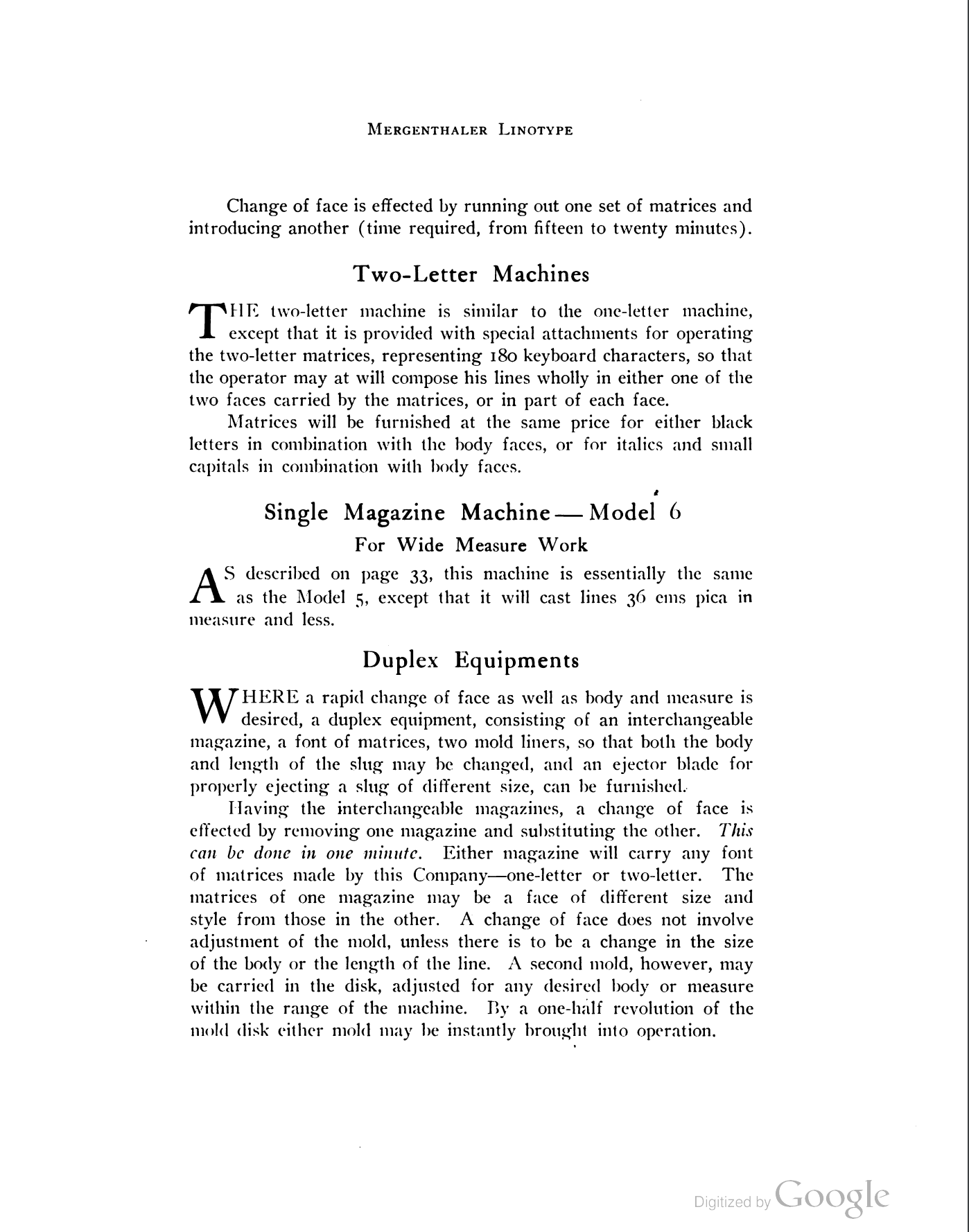 the three pages from The Mergenthaler Linotype (1908) which discuss simplex, duplex, and triplex equipments/fittings for the Linotype