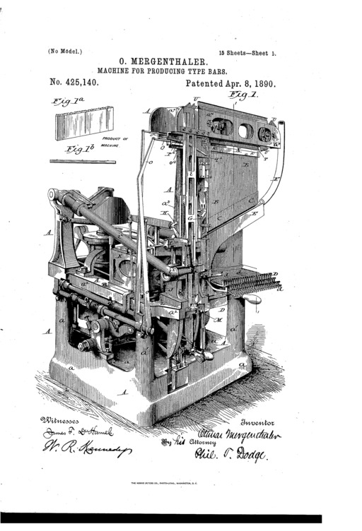 Patent 425,140 regarding a machine for producing type bars