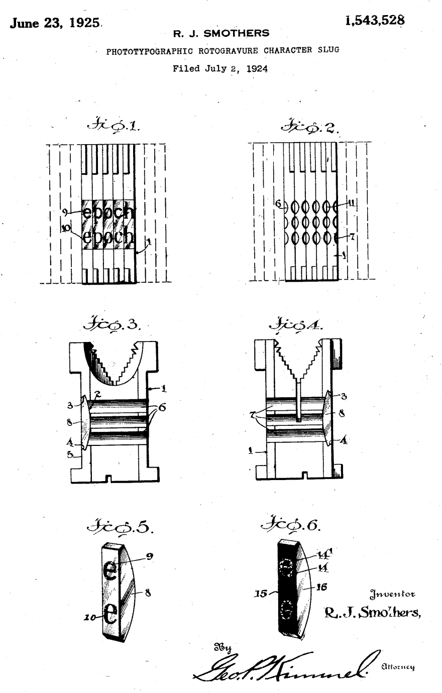 The 1925 Smothers patent mentions matrices for the Linotype with lenses for phototypography